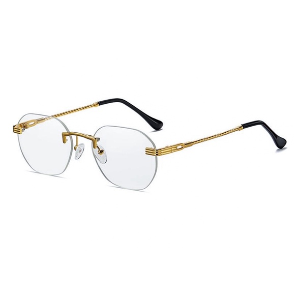 Men's Vintage Gold Frame Rimless Hip Hop Luxury Round Clear Lens Glasses - Picture 1 of 4